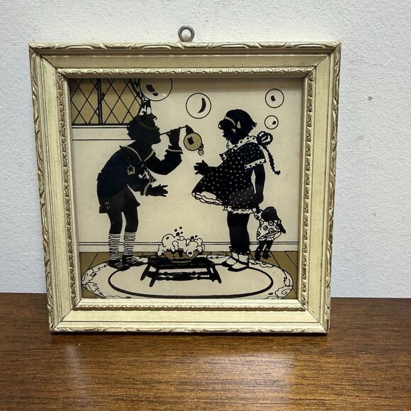 Vintage Reliance Framed Silhouette Picture Boy Girl Playing USA 4.5" Square Rare - Picture 2 of 6